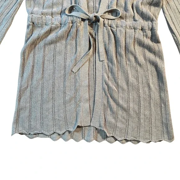 Vintage Gray Ribbed Knit Tie Waist Scalloped Hem Cardigan Sweater Small Y2K 90s - Picture 8 of 16